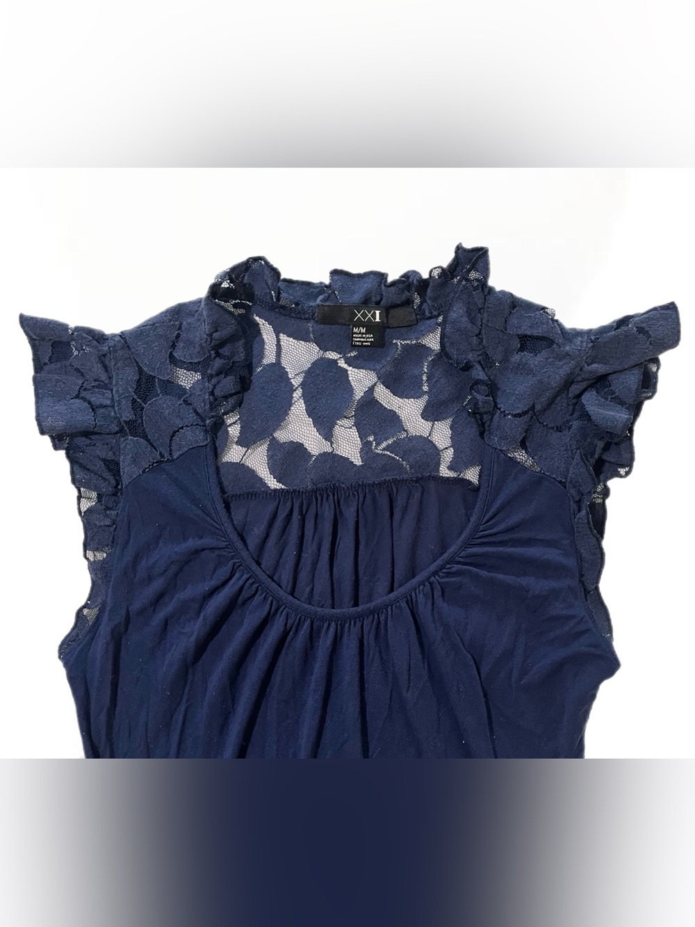 🌀 Forever 21 Lace Yoke Cap Sleeve Top in Navy Blue | Women’s Sz Med - Picture 2 of 7